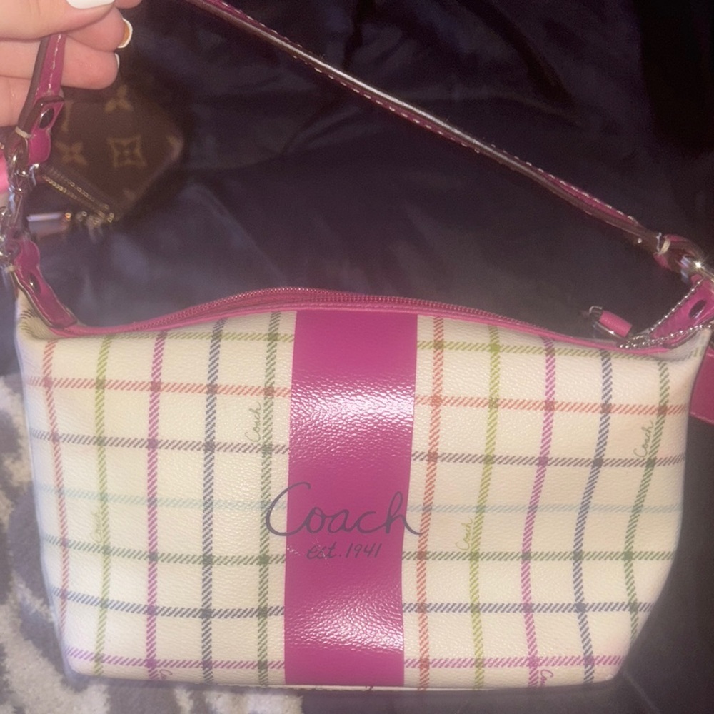 Coach Pink and Cream Shoulder Bag with Plaid Design